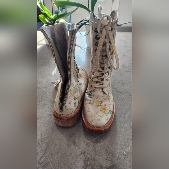 Free People Floral Combat Boots - Cream and Blue - Picture 4 of 16
